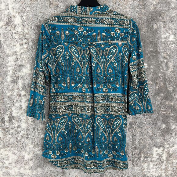 Ninedaily Womens Size S Floral Stretch 1/4 Zip Top Blue Roll Tab Sleeve - Picture 6 of 11